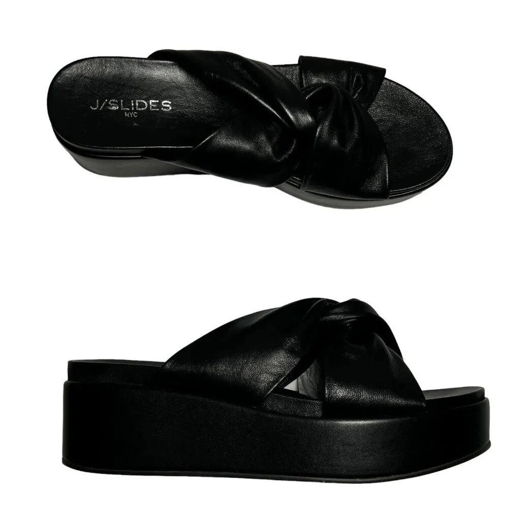 J/Slides NYC Quinn Platform Sandals Black Leather Slide Criss Cross Size 10